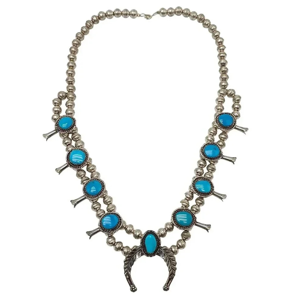Vintage Navajo Sterling Silver Sleeping Beauty Turquoise Squash Blossom Necklace